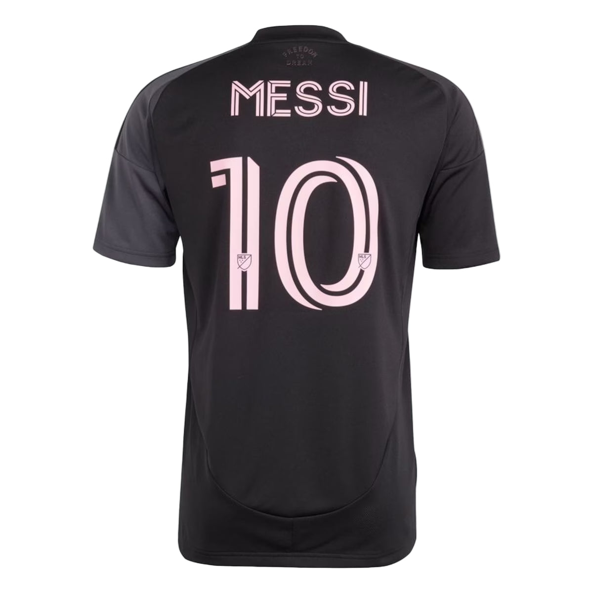 Black sports jersey with 'Messi' and number '10' on a light gray background