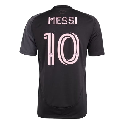 Black sports jersey with 'Messi' and number '10' on a light gray background