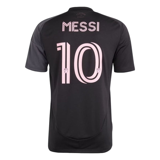 Black sports jersey with 'Messi' and number '10' on a light gray background