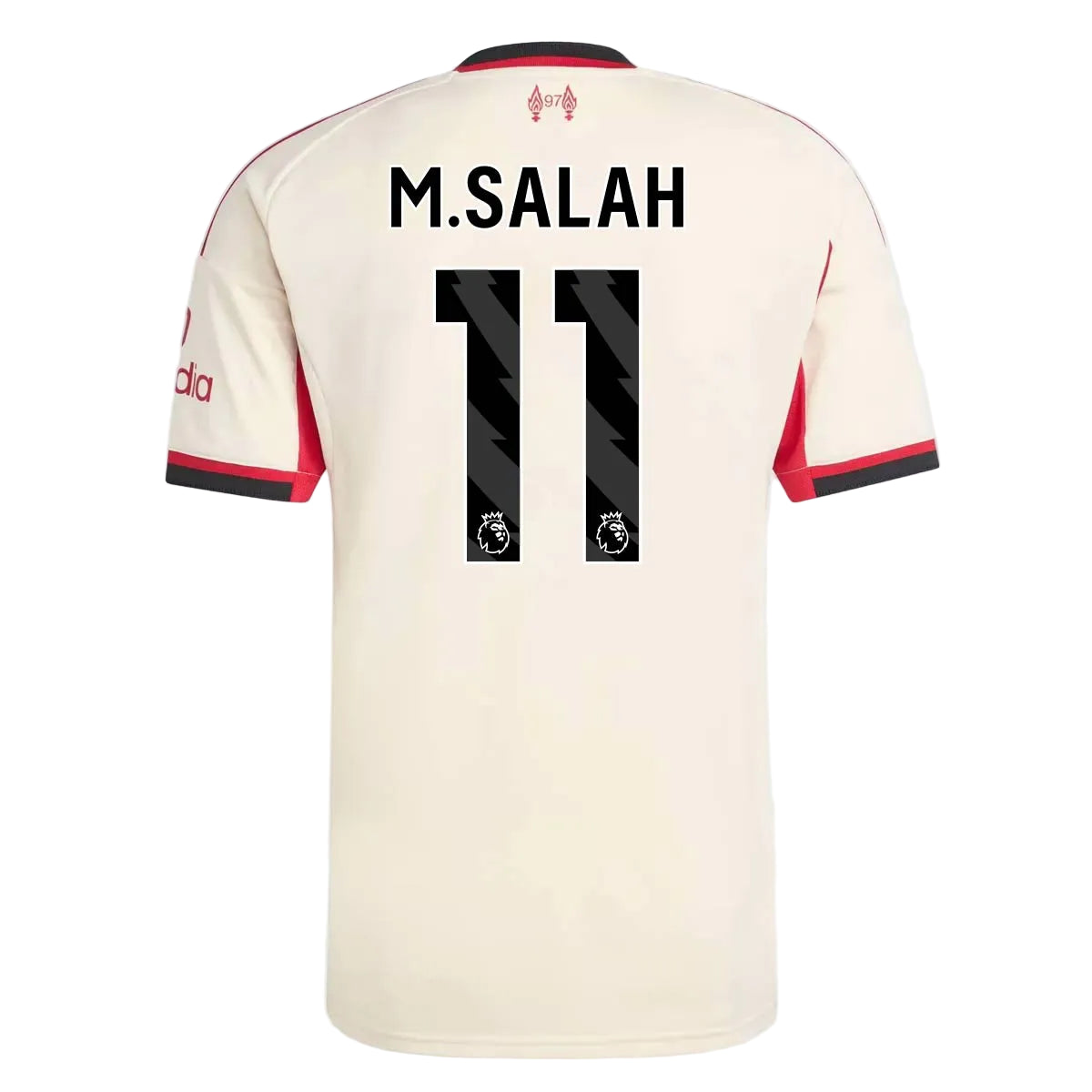 Beige sports jersey with 'M.Salah' and number '11' on a light gray background